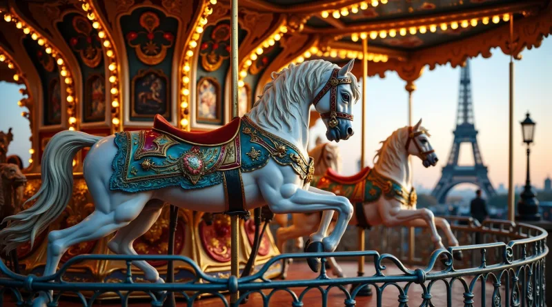 White horse on a lit vintage carousel, with the Eiffel Tower in the background at sunset